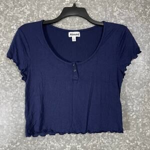 Abound Women's Navy Blue Lettuce Hem Crop Top T-Shirt - Size Medium - Y2K Style